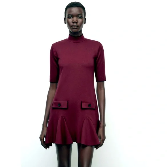 NWT Zara Burgundy Mock Neck Flared Hem Mini Dress Size S - Picture 11 of 11